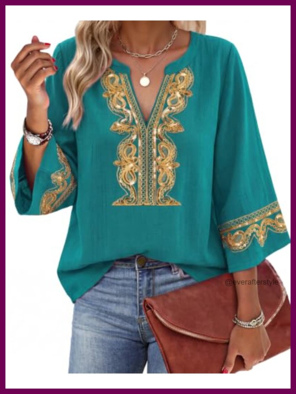 Womens 3/4 Bell Sleeve Embroidered V Neck Tunic Top Lace Blouse